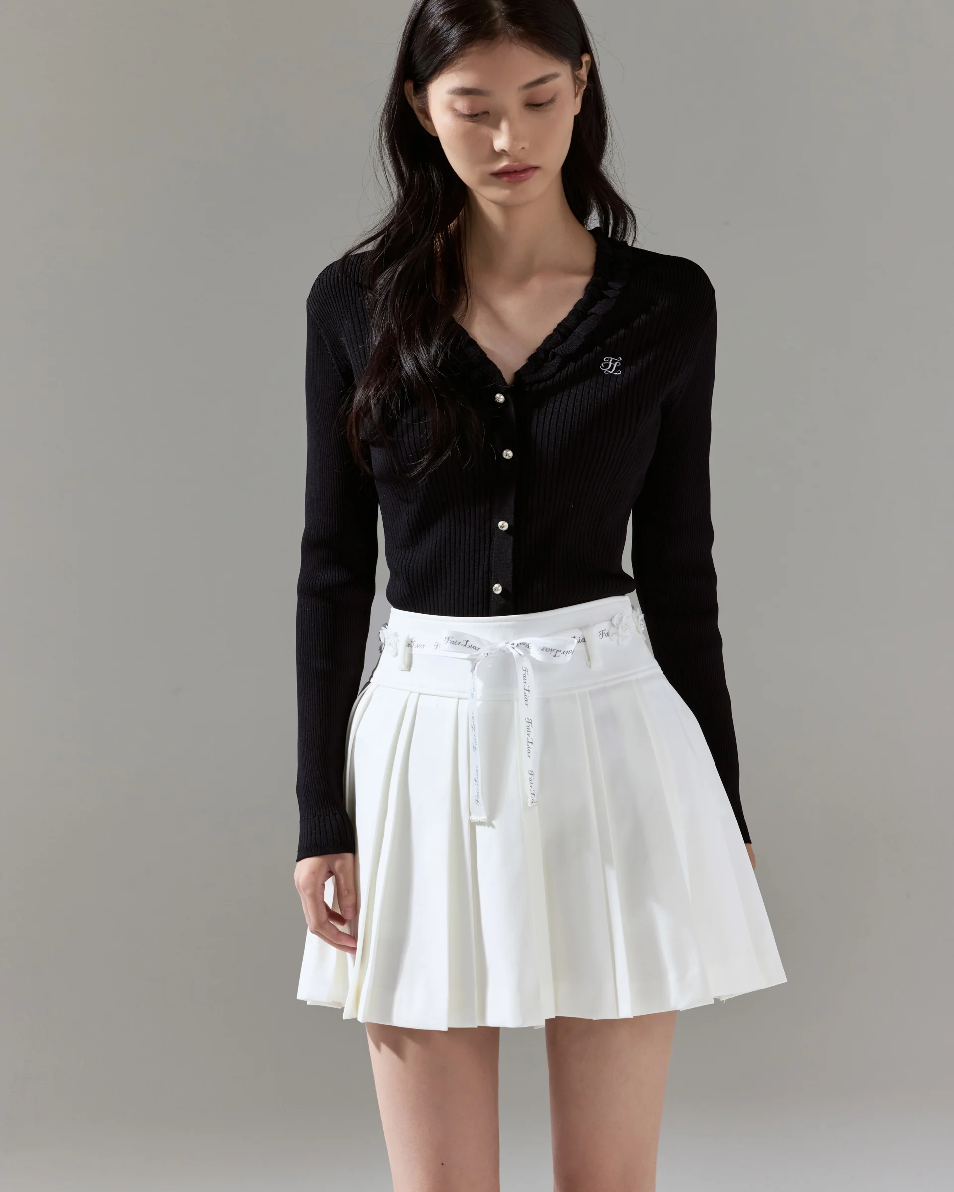 Fair Liar Rib Frill Cardigan (Black)