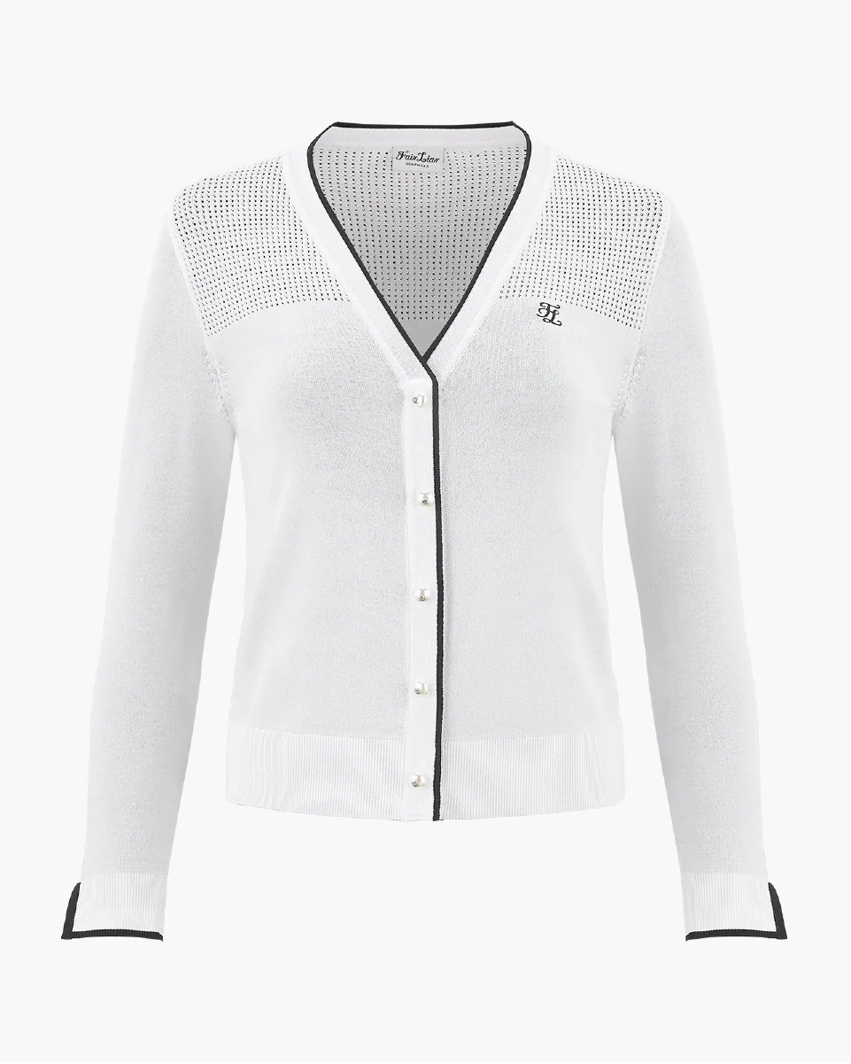 V Neck color scheme line cardigan (White)
