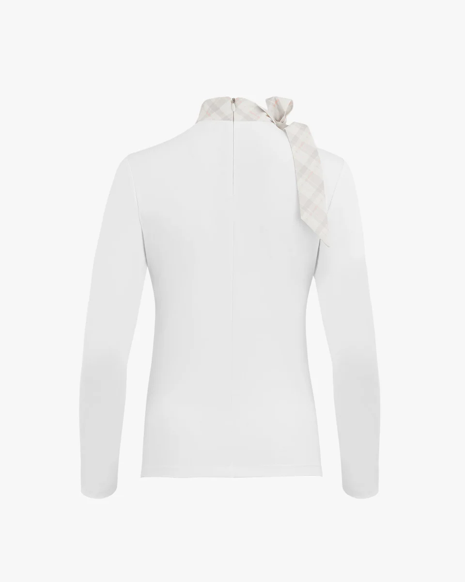Check Ribbon Scarf Long Sleeve Shirt (White)
