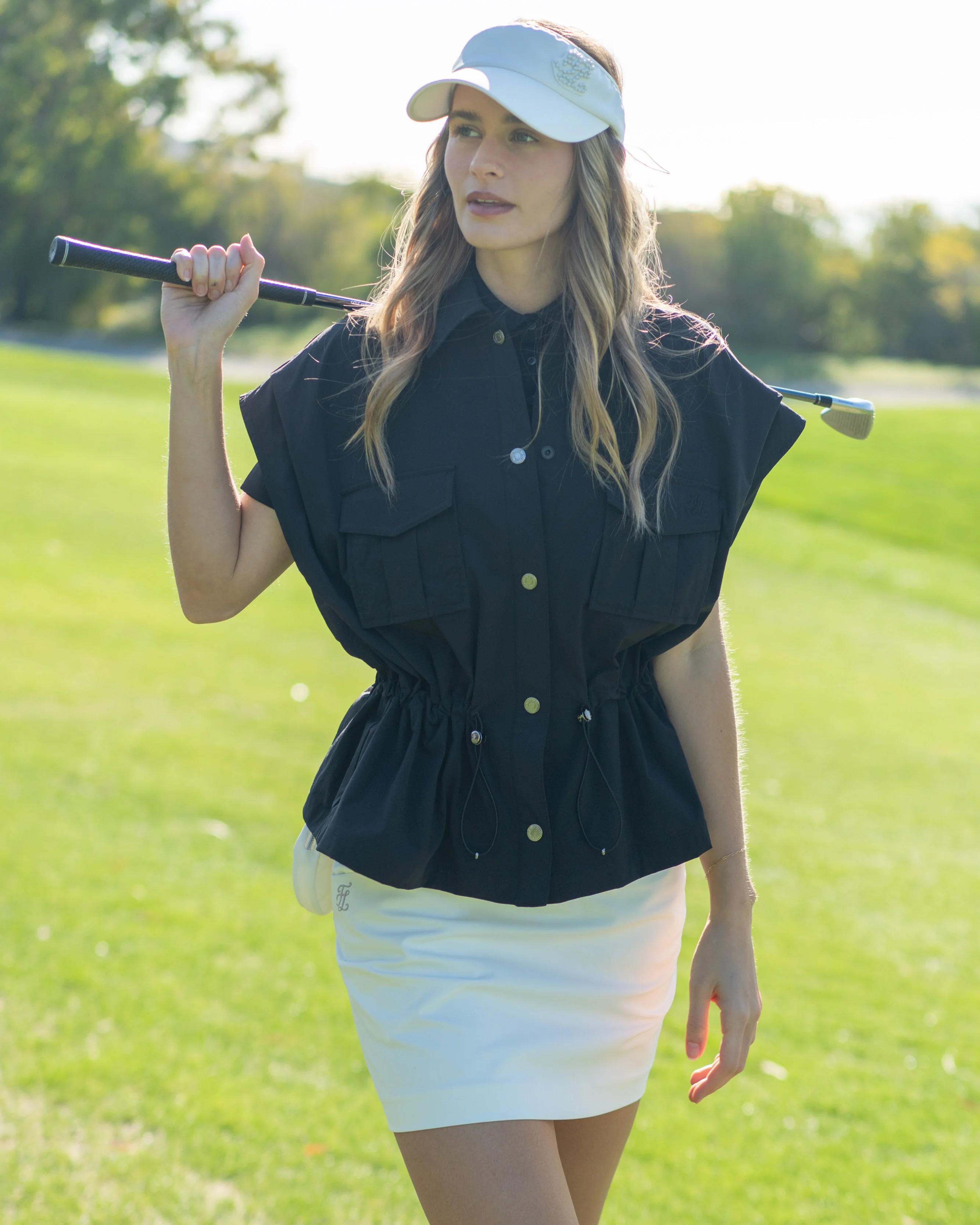 Pocket Collar Waist Band Vest (Black)