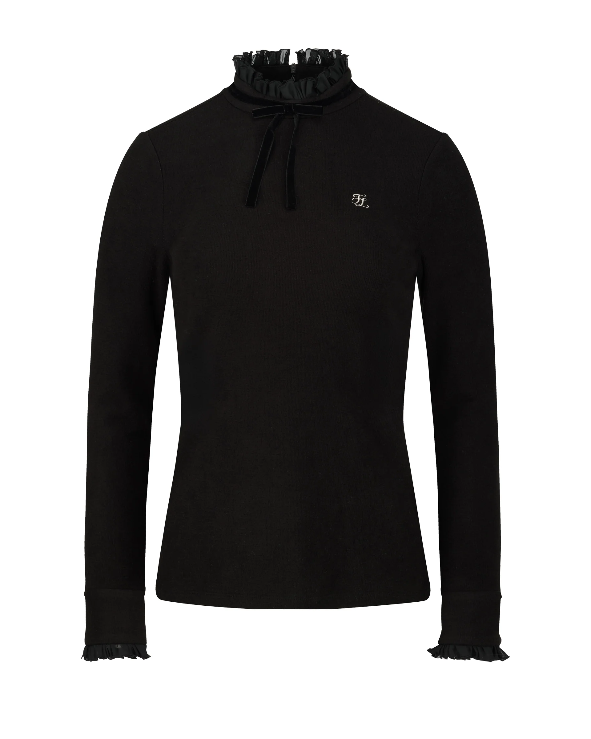 Velvet ribbon pleated T Shirt (Black)